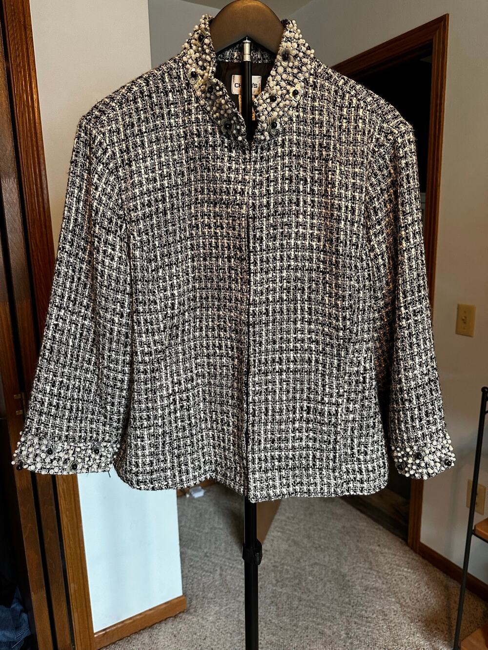 Chico's Black White Tweed Pearl Jacqueline Jacket Beaded Mock Neck Blazer  3/XL